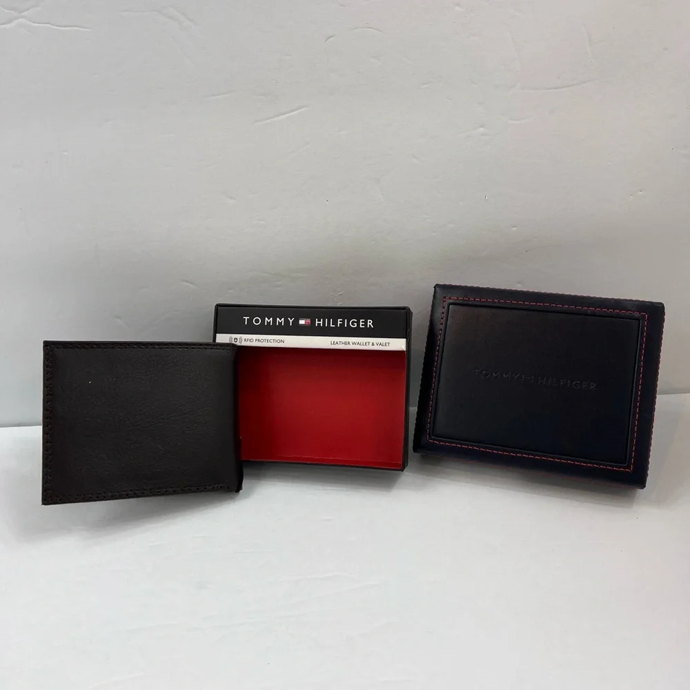 ⭐️TOMMY HILFIGER💯 MENS WALLET DOUBLE FOLD, DARK BROWN, GENUINE LEATHER